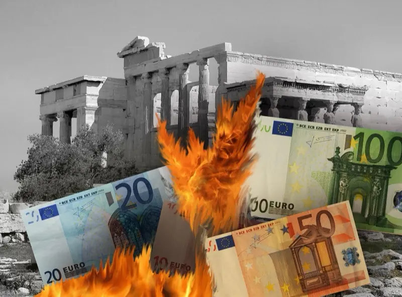 Bildmontage: brennende Euroscheine vor einem antiken Tempel in Schwarzwei&szlig;